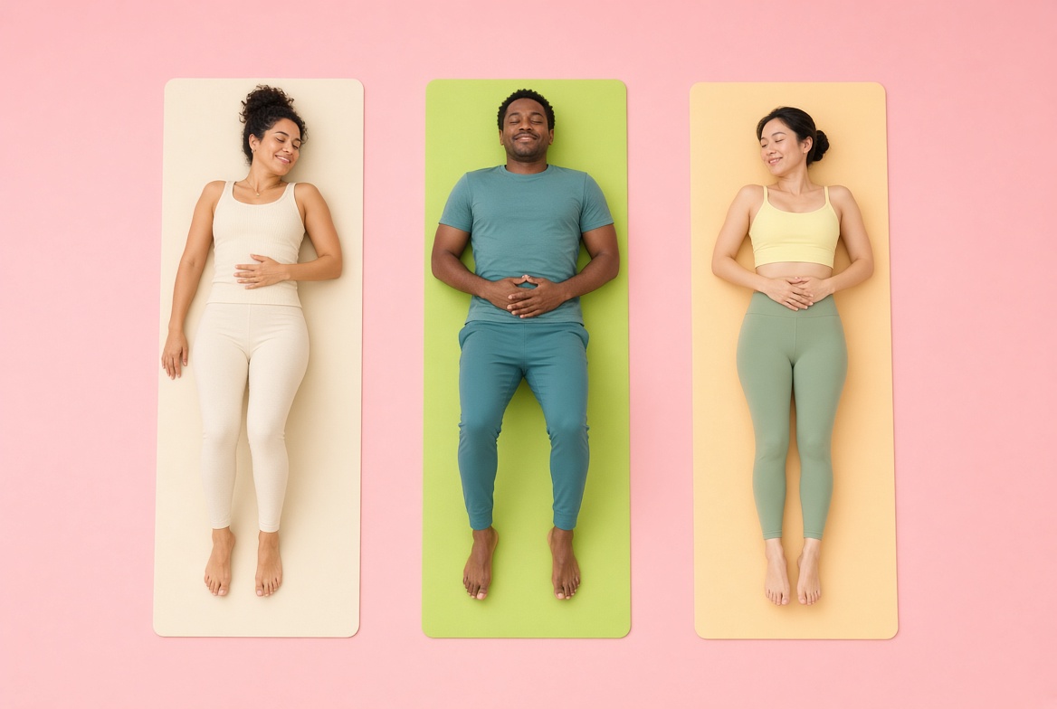 Three people lying on colorful yoga mats against a pink background