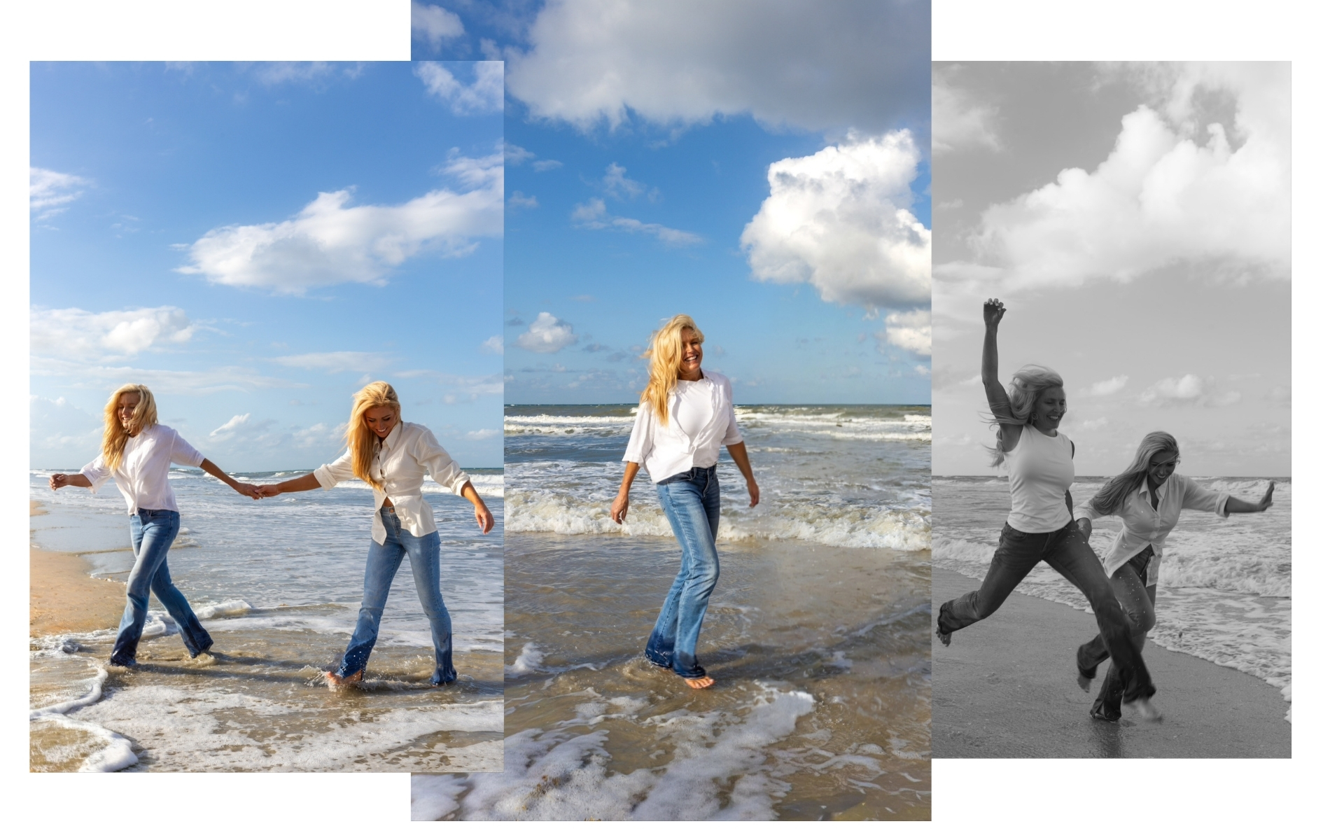 LUMA+ founders walking and laughing in the surf — editorial triptych